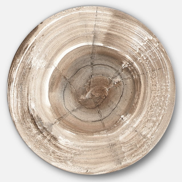 Designart 'Circle natural elements I' Geometric Metal Circle Wall Art - Disc of 36. This beige abstract wall art features a circular design with natural, textured patterns on a glossy aluminum panel. The farmhouse, transitional, and traditional style artwork is water, fire, and scratch resistant, with vibrant colors enhanced by a white gloss coating. It includes a 1-inch mounting frame for a floating effect and comes with mounting brackets and instructions for easy hanging. Suitable for home or office décor.