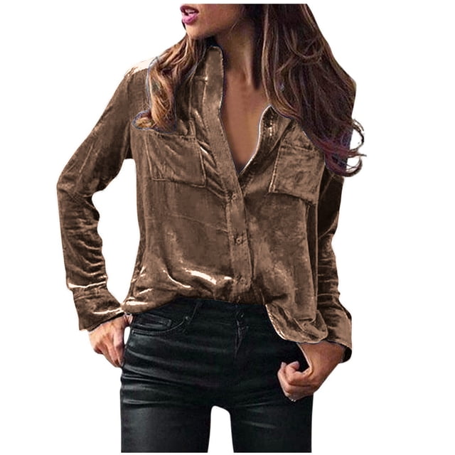 Plebaso Women's Velvet Long Sleeve Button down Shirts Fall Winter Tops Womens Dressy Blouses with Pockets