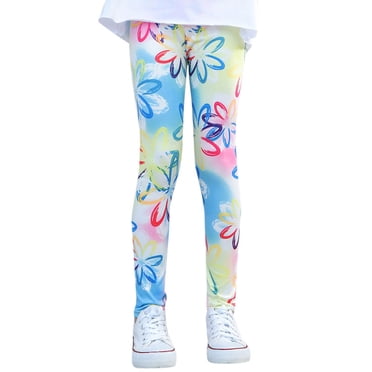 YOUSNH Leggings Longueur Cheville pour Filles, Imprimé Floral, Pantalon Classique Extensible pour Enfants, Pantalon pour Filles, Bleu Pâle_002 4-5 Ans