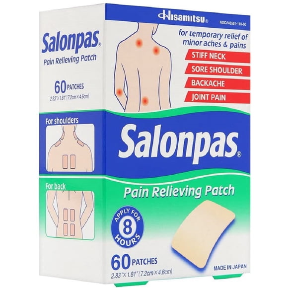 Salonpas Patchs Soulageant la Douleur pour Douleurs aux Muscles et aux Articulations, Convient pendant 8 Heures, 60 Unités
