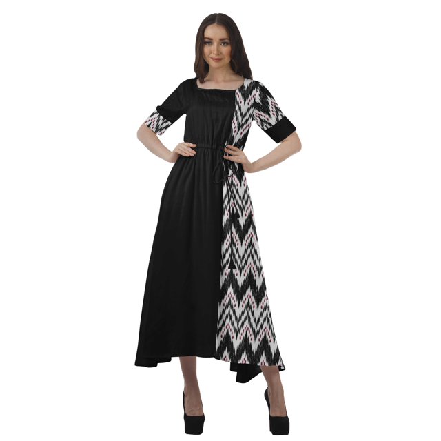 Moomaya Robe Midi en Viscose à Manches Courtes Imprimée Style Santoon à Taille à Cordon pour Femmes