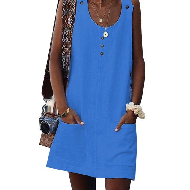 Innerwin Tank Dress Crew Neck Ladies Sundress Summer Button Loose Dresses Blue XL