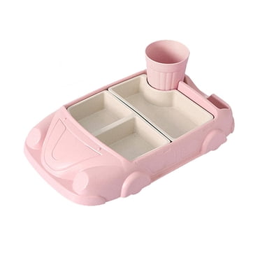 Shisuyan Fiber Plastic Car-Shaped Dinner Tray Drop-proof Rices Dishes Baby Separate Plates Children's Cutlery Set with Water Cup (Pink)