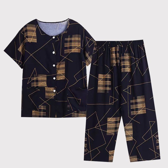 Wolfast Ensemble de Pyjama Court en Soie pour Femmes Été Décontracté Deux Pièces Pyjama Manches Courtes Col Rond Haut/chemise Ensemble Coton Soie Grande Taille Confortable Respirant Cardigan Bouton Poche