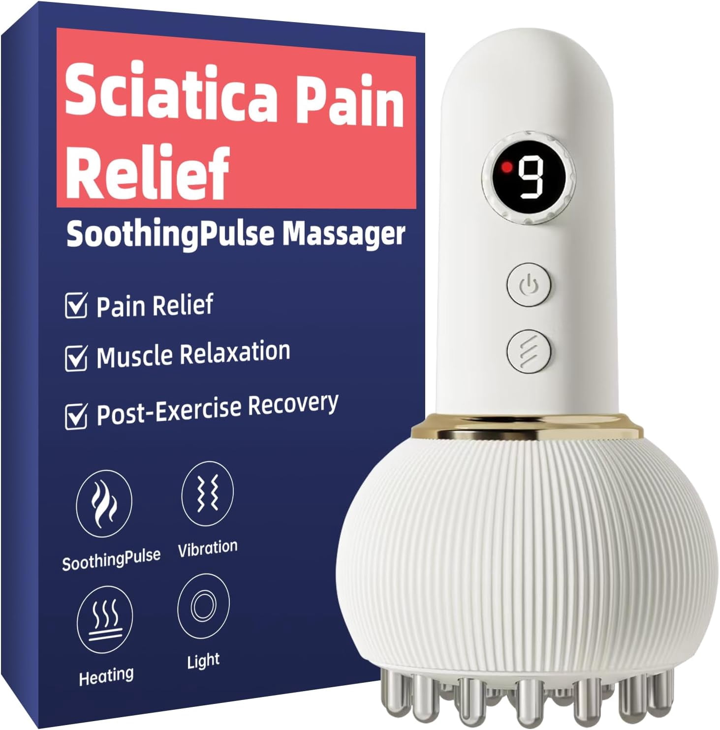 Deep Tissue Massager with Multi-Mode Technology, Heat & Light Therapy, Targeted Relief for Sciatic Nerve & Lower Back Pain (White)