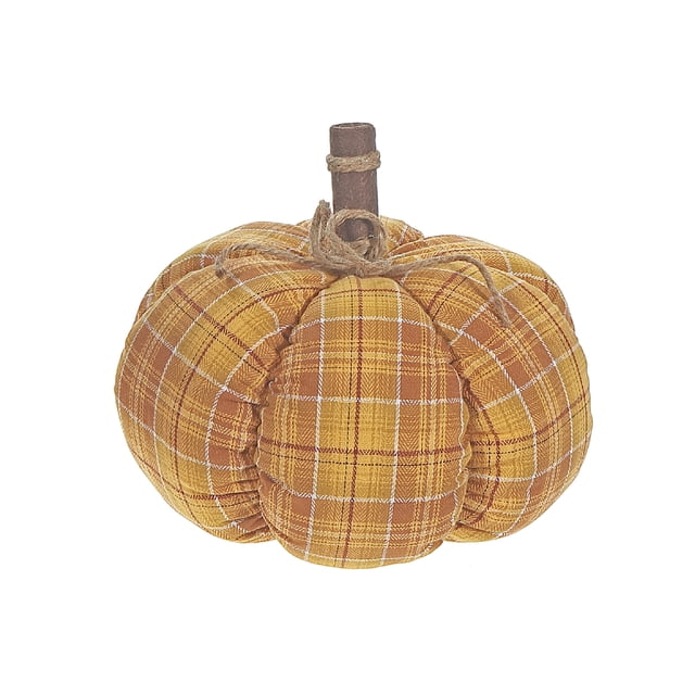 Yellow Plaid Fabric Pumpkin tabletop décor made of soft polyester with a warm yellow plaid pattern, plush segmented shape, and a short brown stem tied with twine, suitable for rustic autumn displays on mantels or shelves.
