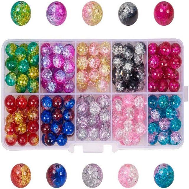 CHUANK 100pcs 10 Color Crackle Glass Beads 10mm Handcrafted Lampwork Round Crystal Beads Bulk