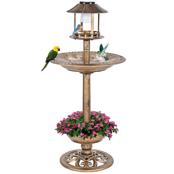 42" Height Solar Bird Bath, Resin Plastic Birdbath with LED Light and Flower Planter Base, Weather-Resistant with 3 Ground Stakes for Garden Yard Outdoor Decoration