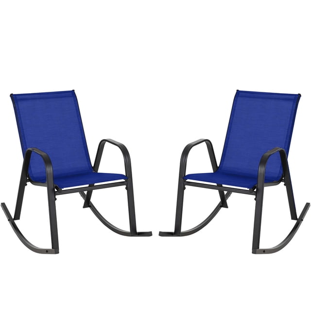 Costway Lot de 2 Chaises Berçantes de Patio en Métal Robuste Antidérapantes pour l'Extérieur Bleu Marine. Cet Ensemble Comprend Deux Chaises Berçantes de Couleur Bleu Marine avec Sièges et Dossiers en Tissu Respirant, Soutenues par un Cadre Métallique Antirouille et Robuste. Chaque Chaise Présente des Accoudoirs Courbés, des Dossiers Ergonomiques et une base de Balancement Fluide avec Butées Inférieures pour la Sécurité. Convient à une Utilisation Extérieure dans les Cours Arrière, les porches Ou au Bord de la Piscine. Dimensions : 36 Pouces de long, 24,5 Pouces de Large et 34 Pouces de Haut.