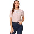 thumbnail image 1 of INSPIRE CHIC Women's Short Sleeve Button Front Lace Panel Bow Tie Collar Tops, 1 of 6