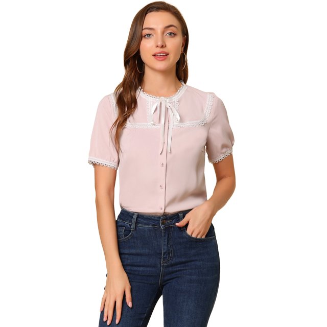 INSPIRE CHIC Women's Short Sleeve Button Front Lace Panel Bow Tie Collar Tops