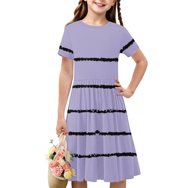 Soldes de Liquidation d'Été Iumwxz Robe Tunique Plissée Robe Ample Ligne A Robes Col Rond Rayé Graphique Robe à Manches Courtes pour Enfants Robes Tendance pour Cadeaux des Fêtes 4-14a