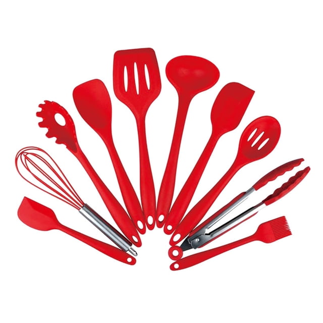 Amdohai 10PCS Cooking Utensils Kitchen Utensil Set Silicone Kitchenware Set Stainless. This set includes 10 red silicone utensils with stainless steel accents, featuring a spatula, slotted spatula, ladle, whisk, tongs, basting brush, and more. Designed with heat-resistant silicone heads that can withstand temperatures from -22°F to 392°F, these utensils are BPA-free and safe for non-stick cookware. Each piece has a comfortable handle with heat insulation and a hanging hole for easy storage. Ideal for home or restaurant use, this set is a practical and stylish addition to any kitchen.