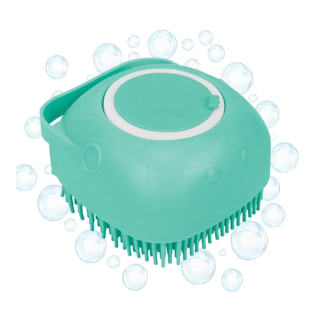 Perfect Solutions Pet Bath With Shampoo Dispenser, a teal square pet brush with soft silicone bristles and a top shampoo dispenser that foams soap through the bristles, designed with a side grip for easy handling and a cute face, ideal for efficient dog grooming and easy storage.