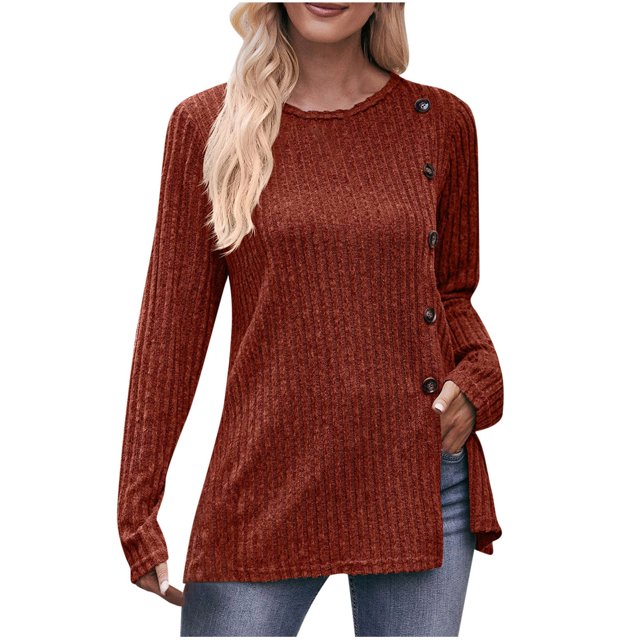 Pisexur Chandail Décontracté Asymétrique pour Femmes Couleur Unie Manches Longues Tricoté Côtelé Col Rond Bouton devant