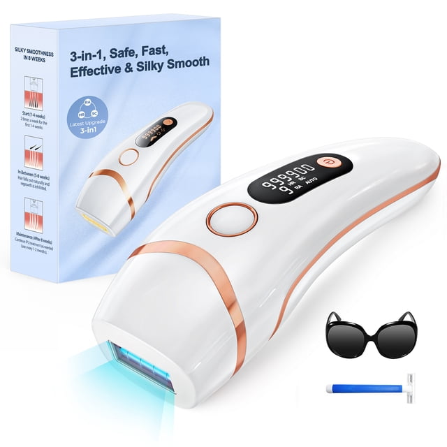 IPL Laser Hair Removal for Women and Men by JOOYEE, featuring a white and rose gold handheld device with a digital display showing 999,900 flashes. The device includes a built-in cooling system for a painless experience and offers 3-in-1 functionality with 9 adjustable energy levels. Suitable for use on the face, armpits, bikini line, legs, and more. The package also includes protective sunglasses, a razor, and a user manual. Displayed alongside its branded packaging with product details.
