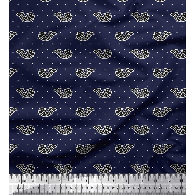 Soimoi Silk Fabric Fish Block Decor Fabric Printed Yard 42 Inch Wide