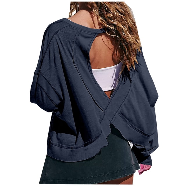 Timegard Womens Tops Drop Shoulder Backless Cutout Tops Fall Casual Loose Comfy Cropped Blouse Tee