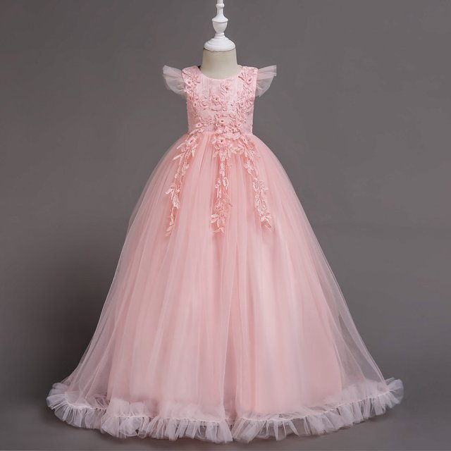 Économies à Durée Limitée, Robe d'Été pour Fille, Sans Manches à Volants en Dentelle, Broderie à Col Rond, Jupe Princesse en Tulle avec Nœud, Décontractée pour Fête, Tenue de Festival, Légère, Respirante, Âge 4-12/100 % Polyester, Rose