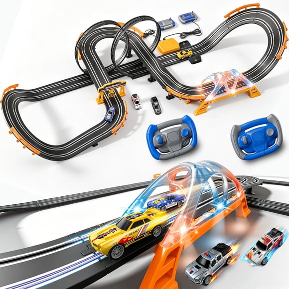 Electric Slot Car Race Track Sets with 4 High-Speed Racing Slot Cars Dual Racing Game with 2 Controllers Circular Overpass Track Featuring Flash Bridge Pendulum Gifts Toys for Boys Kids Age 6 7 8-12