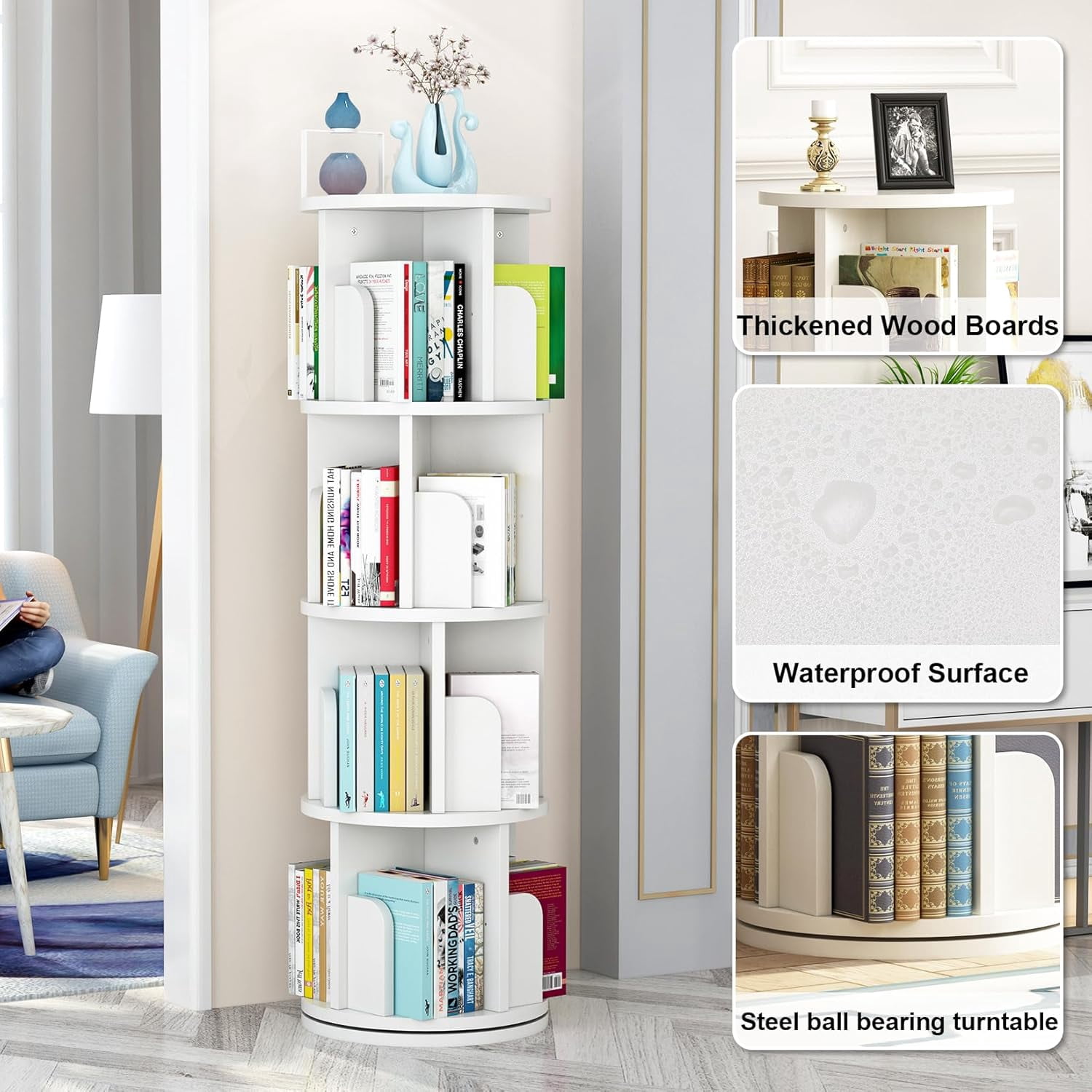 Ourlova Rotating Bookshelf - White Wood Bookcase for Kids and Adults - 360 Display 4 Tier Small Corner Book Shelf Organizer - Floor Standing Storage Rack for Bedroom/Living Room