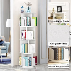 Ourlova La bibliothèque rotative - Bibliothèque en bois blanc pour enfants et adultes - 360 Affichage 4 Organisateur de la plate-forme de livre Tier Small Corner - Rack de rangement sur pied pour chambre/chambre à coucher