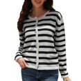 thumbnail image 4 of Cardigan à Rayures pour Femmes, Chandail Tendance à Manches Longues, Boutonné, Col Ras du Cou, Cardigans en Tricot, 4 of 8