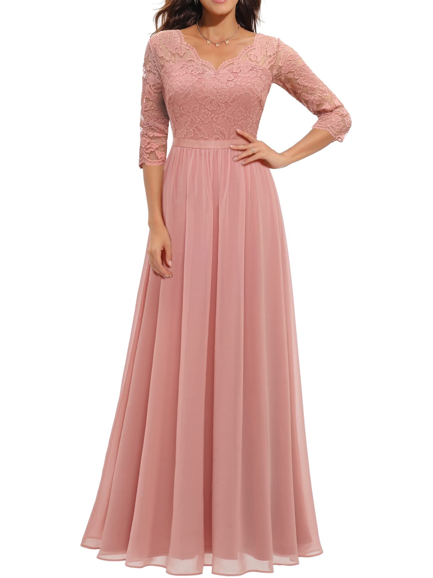 Faithtur Nouvelle Mode Femmes Longue Robe Couleur Unie Patchwork Dentelle V-Cou à Manches Mi Dos Sans Fermeture Éclair Robe Féminine
