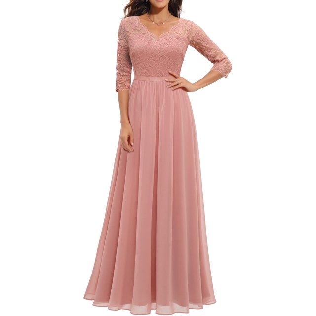 Faithtur Nouvelle Mode Femmes Longue Robe Couleur Unie Patchwork Dentelle V-Cou à Manches Mi Dos Sans Fermeture Éclair Robe Féminine