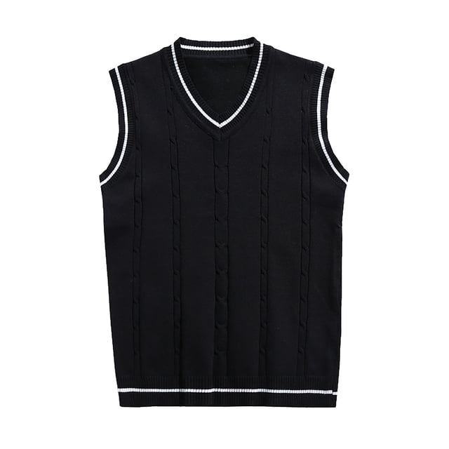 Kcodviy Men's Sleeveless Sweater Vest Jacket with a V-neck design and striped trim. The black pullover vest features a lightweight construction with a textured cable knit pattern and ribbed hem. Suitable for casual and daily wear, it is made of polyester and designed for all seasons.