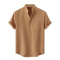 thumbnail image 2 of Babysbule Mens Shirts Clearance Men's Round Neck Pocket Button Solid Cotton Linen Short Sleeve Shirt, 2 of 7
