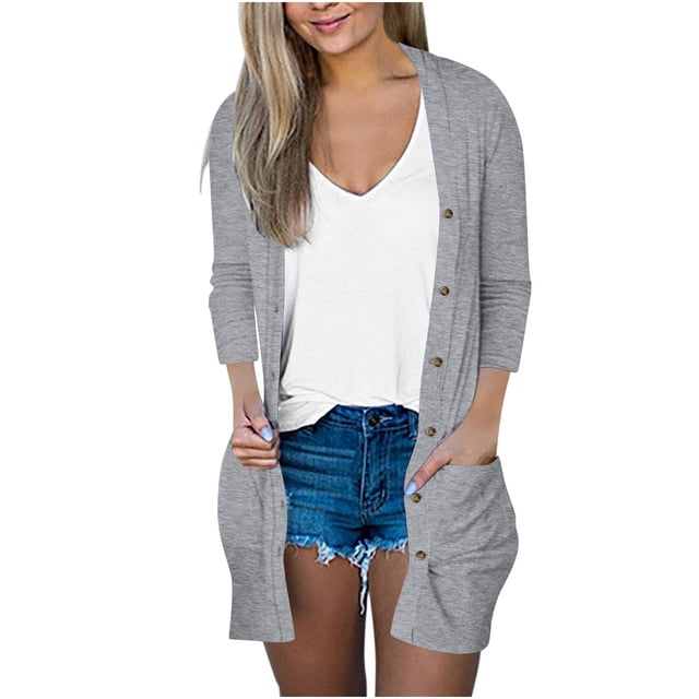 Womens Soft Button Down Cardigan Long Sleeve Light Weight Shirts Jacket Comfy Loose Fall Lounge Wear Tops Gray, 3XL