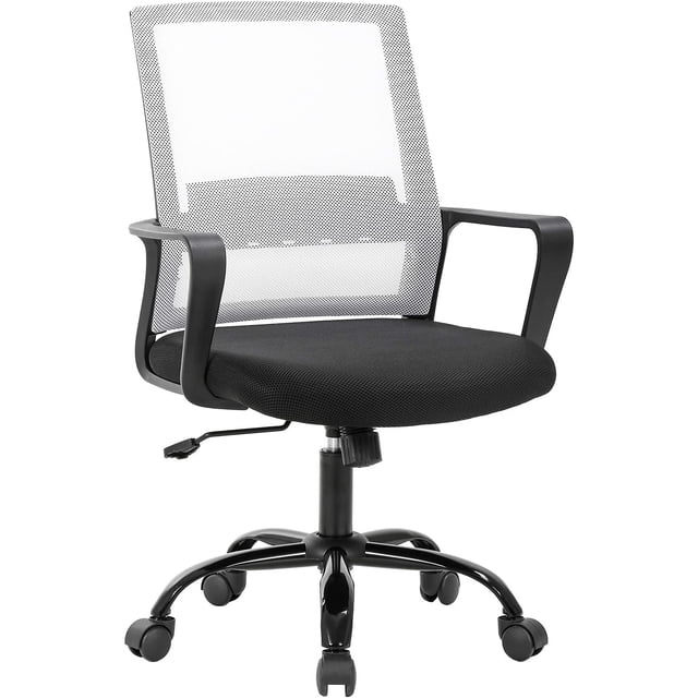BestOffice Chaise d'Ordinateur Pivotante à Roulettes Ergonomique Exécutive avec Soutien Lombaire, Tabouret de Tâche Ajustable pour la Maison et le Bureau, Blanc. Cette Chaise de Bureau Présente un Dossier en Maille Blanche Respirante, un Siège Rembourré Noir et des Accoudoirs Ergonomiques. Elle Comprend une base Pivotante avec Cinq Roulettes pour la Mobilité et un Levier de Hauteur Ajustable pour la Personnalisation. Conçue pour le Confort et le Soutien Lombaire, Elle Convient à la Maison Ou au Bureau et Supporte jusqu'à 250 Lb.