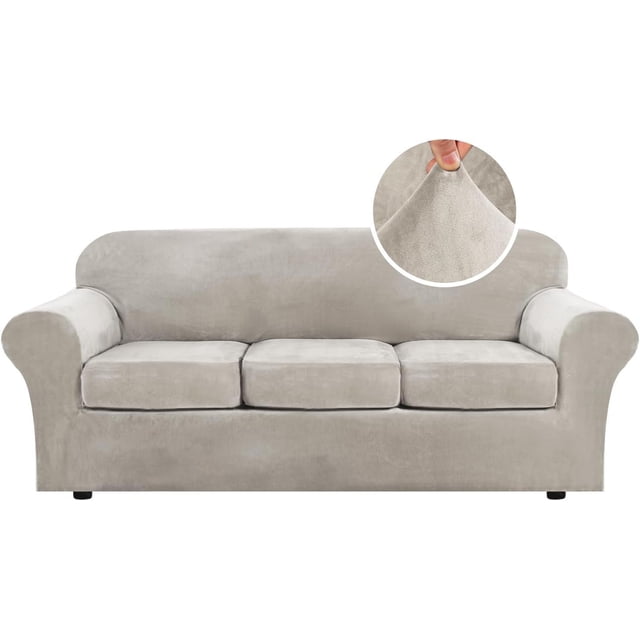 Modern Velvet Plush 4 Piece High Stretch Sofa Slipcover Furniture Protector Form Fit Luxury Thick Sofa Cover, shown in a light grey color. The slipcover includes one base cover and three cushion covers, designed to fit sofas with a sitting width of 72-90 inches. Made from ultra-soft velvet plush fabric, it features a high-stretch design for a snug fit and an elastic band at the bottom for secure placement. A close-up inset highlights the soft and thick texture of the fabric. Suitable for both leather and cloth furniture, it is machine washable for easy care.