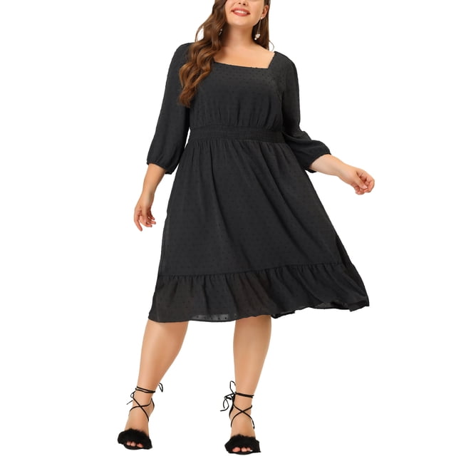 GRACE & GRANDEUR Robe Midi à Pois Suisses pour Femme Grande Taille, Taille Smockée, Manches 3/4, 3X, Noir