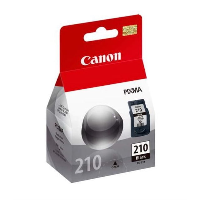 Canon PG-210 Black Ink Cartridge in retail packaging with a red and white design featuring the Canon logo. The box highlights the PG-210 model and includes an image of the black ink cartridge. Ideal for printer supplies, it delivers crisp, smudge-resistant prints using FINE technology.