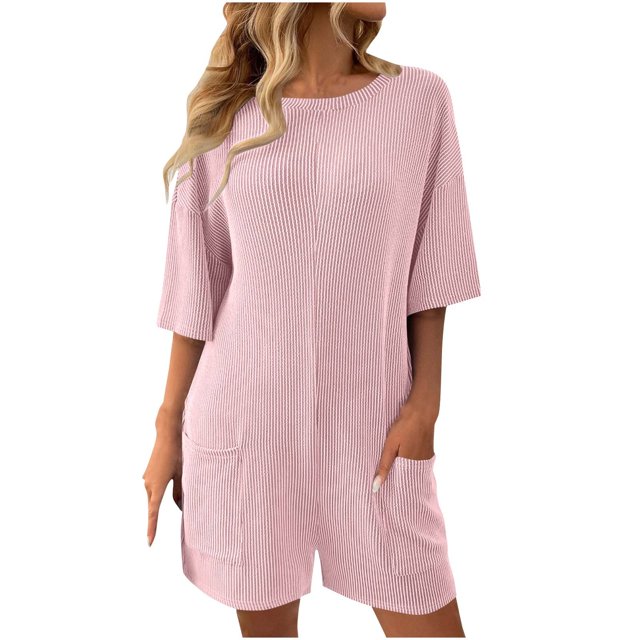 Yanlir 2025 Spring Summer Rompers for Womens Casual Rompers Adjustable Shorts Overalls Loose Jumpsuits Summer Outfits with Pockets(Pink,L)