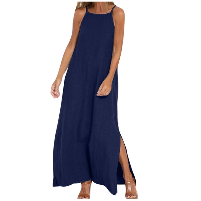 Penkiiy Robes Maxi pour Femmes 2024 Robe Longue à Bretelles Spaghetti Unie à Col Montant Sans Manches Robes d'Été Fendue à Bretelles Robe Fluide m Bleu Marine