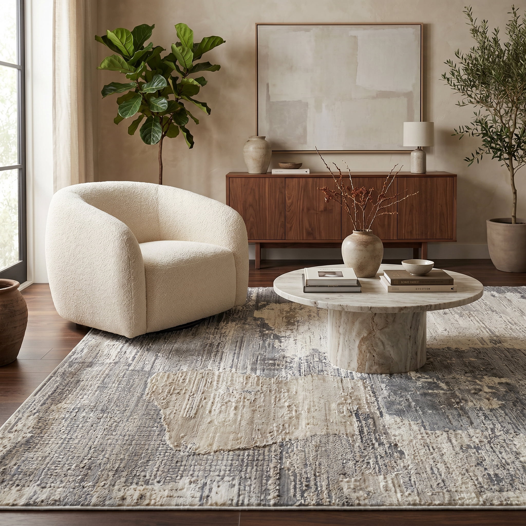 Tapis d'interieur abstrait Rug Branch Nomad, gris creme, moderne - Salon, chambre, salle a manger et cuisine