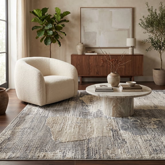 Tapis d'interieur abstrait Rug Branch Nomad, gris creme, moderne - Salon, chambre, salle a manger et cuisine