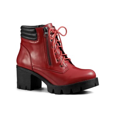 BLISSFUL STEP Women's Boot Rounded Toe Side Zip Combat Block Heel Ankle Boots Red 7