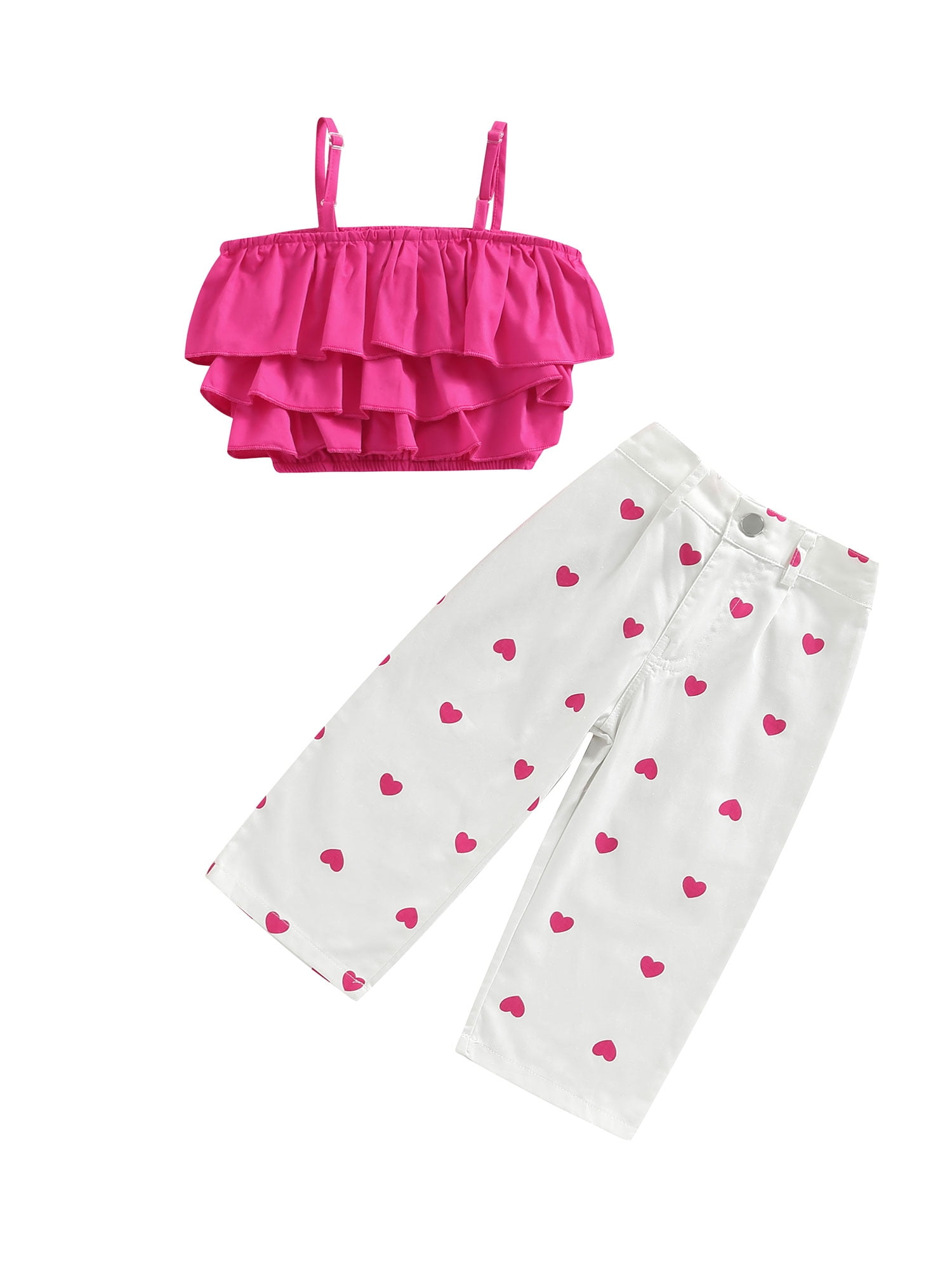 Fortune Toddler Baby Girls Outfit 2Pcs Layered Ruffle Camisole+Heart Print Pants 1-6T