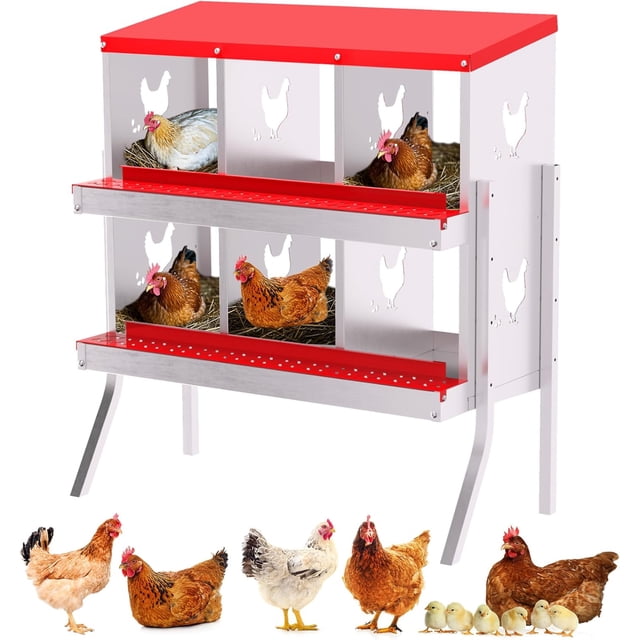 Chicken Nesting Box, 6 Compartment Metal Chicken Nesting Boxes for Chicken Coop, Easy Egg Collection, Easy Cleaning, Chicken Laying Boxes with Bracket Legs for Hens, Red