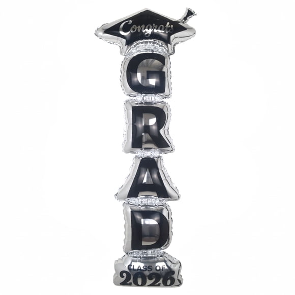 Graduation 1 Count Black and Silver Grad Foil Balloon, 45.75in, Nylon, Adult, Decoration, Graduation, Brand Way To Celebrate