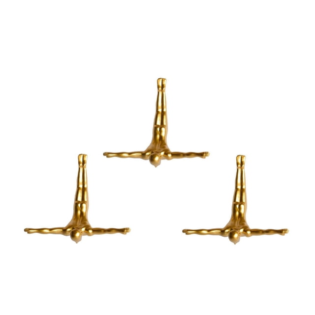 WALL DIVER 3-PACK with three gold-tone resin sculptures of divers in a horizontal dive pose with arms extended, designed as 3-D wall art for indoor home décor, easy to install and wipe clean, also suitable as unique sculptural accents.