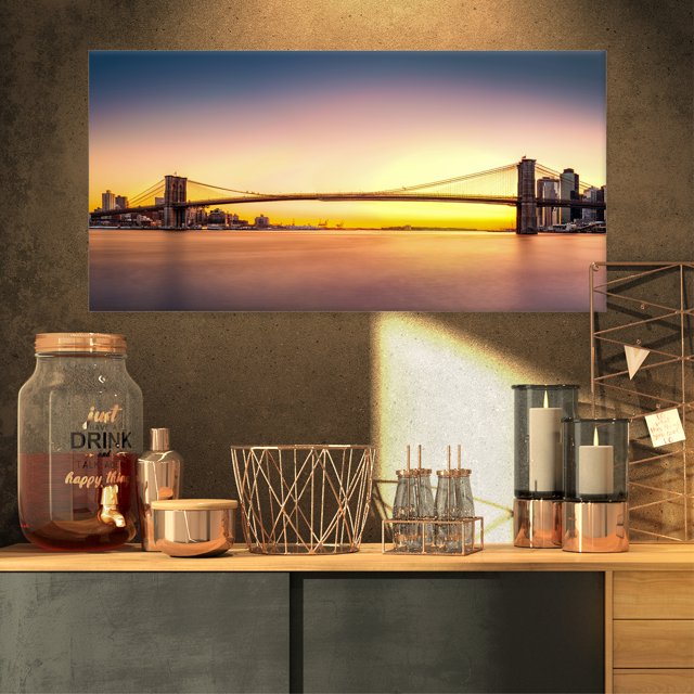 Brooklyn Bridge Panorama Yellow Sky - Cityscape Canvas Print