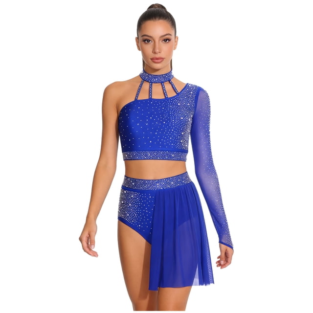Runhomal Haut Court Deux Pièces pour Femme avec Strass Lyriques et Short Tenue de Danse Moderne Bleu Royal G