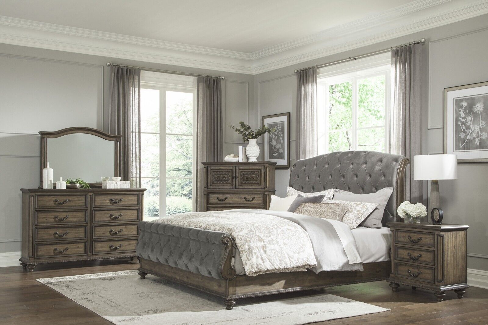Ensemble de Chambre Traditionnel 4 Pcs Lit Grand Table de Chevet Commode Miroir Mobilier de Chambre de Luxe Formel