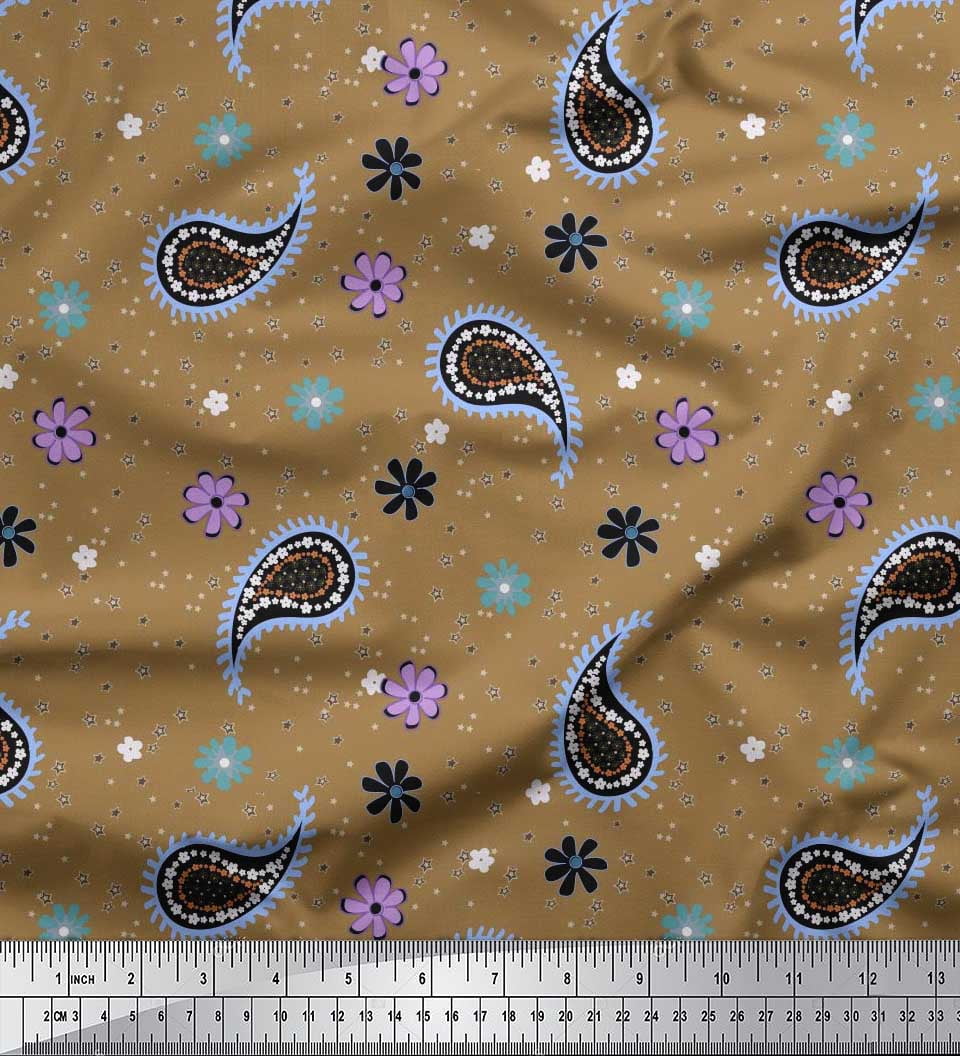 Soimoi Brown polyester Crepe Fabric Star,Paisley & Cosmos Floral Decor Fabric Printed Yard 52 Inch Wide