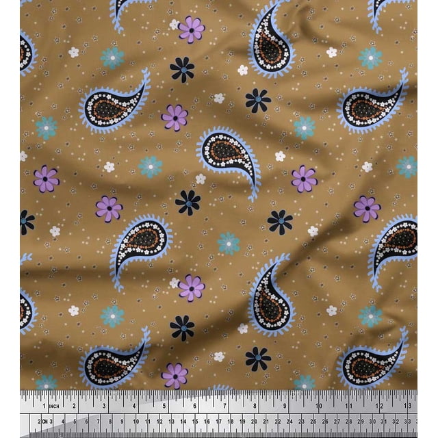 Soimoi Brown polyester Crepe Fabric Star,Paisley & Cosmos Floral Decor Fabric Printed Yard 52 Inch Wide